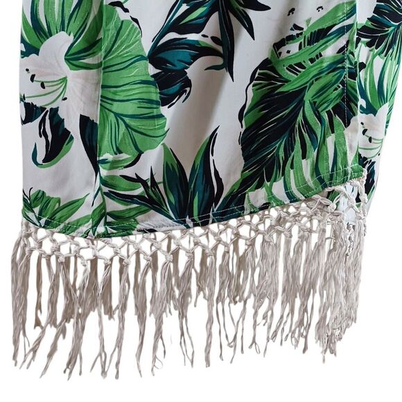 Anandas Collection Green Floral Kimono Cover Up Fringe Hem Free Size Resortwear - Picture 6 of 10